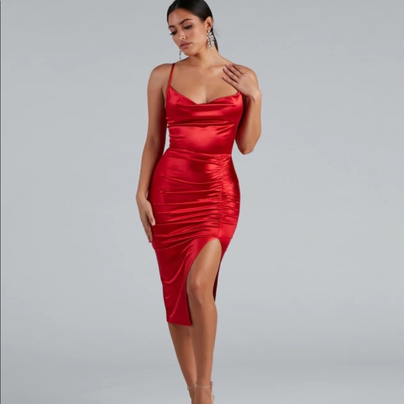 Windsor Dresses & Skirts - NWT Windsor Nadine red satin midi dress thigh slit